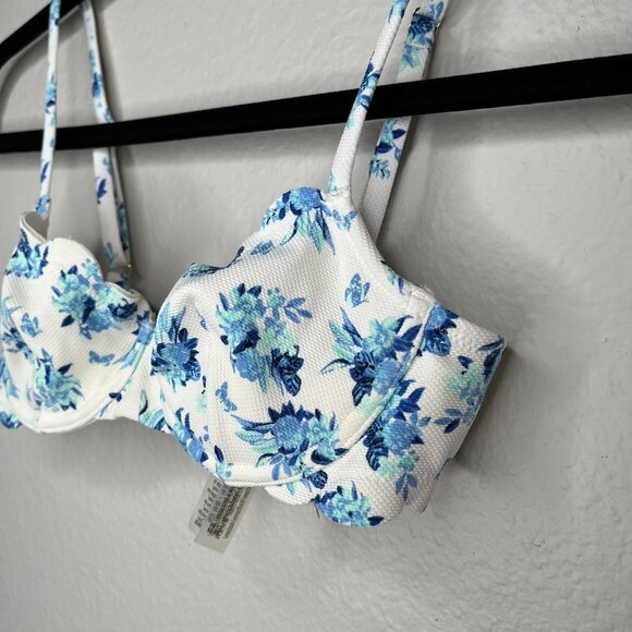 Victorias Secret Floral Underwire Swim top 32A Blue & White Scalloped trim - Picture 3 of 12